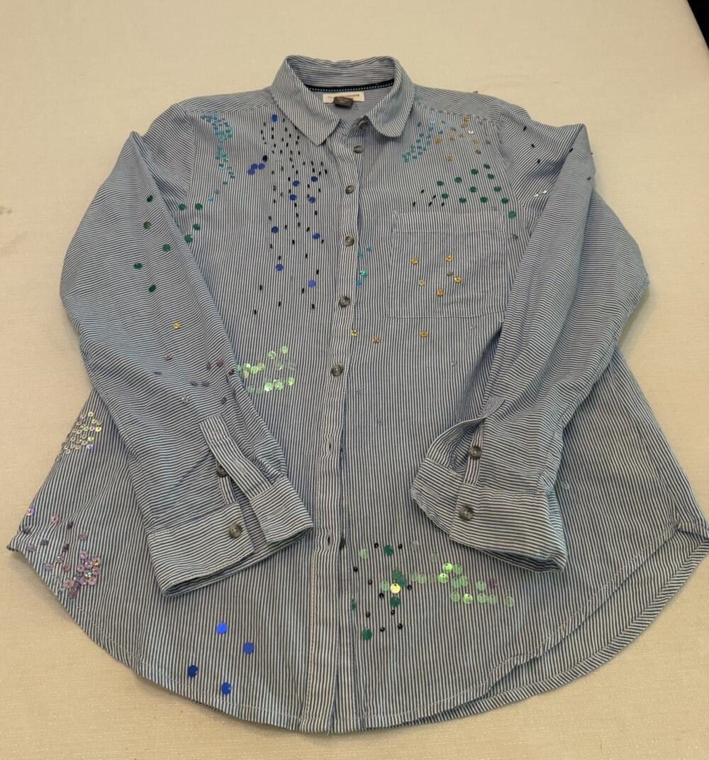 Anthropologie Pilcro Women's Blue Pinstripe Sequined Embellished Shirt Sz M